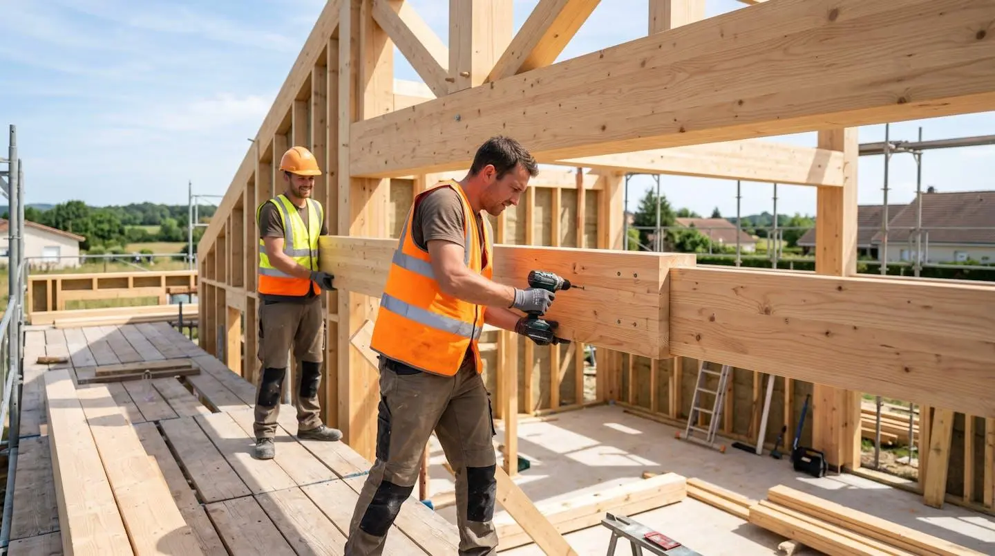 Vue sur un chantier de construction de maison à ossature bois en cours avec deux ouvriers en gilet de sécurité travaillant sur la structure
