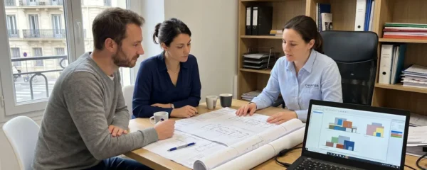 Un couple vu de dos consulte des plans de maison avec un professionnel du bâtiment dans un bureau lumineux et moderne
