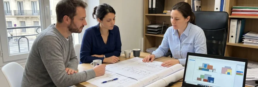 Un couple vu de dos consulte des plans de maison avec un professionnel du bâtiment dans un bureau lumineux et moderne