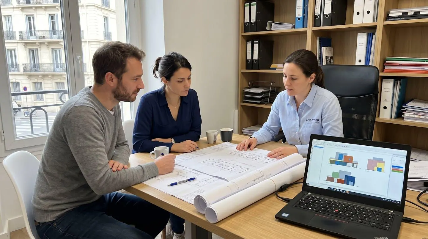 Un couple vu de dos consulte des plans de maison avec un professionnel du bâtiment dans un bureau lumineux et moderne