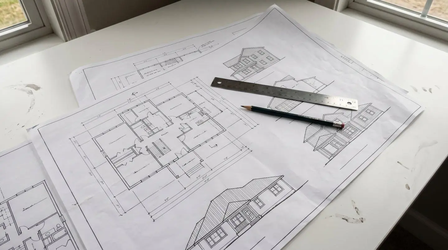 Gros plan sur des plans de construction de maison étalés sur une table lumineuse avec une règle et un crayon